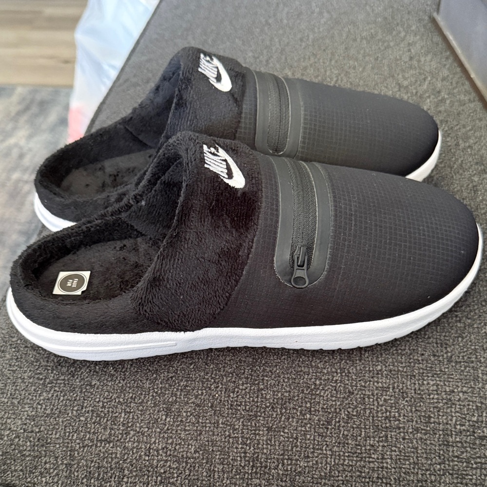 Nike Black Plush-Lined Slip-On Slides with White Logo